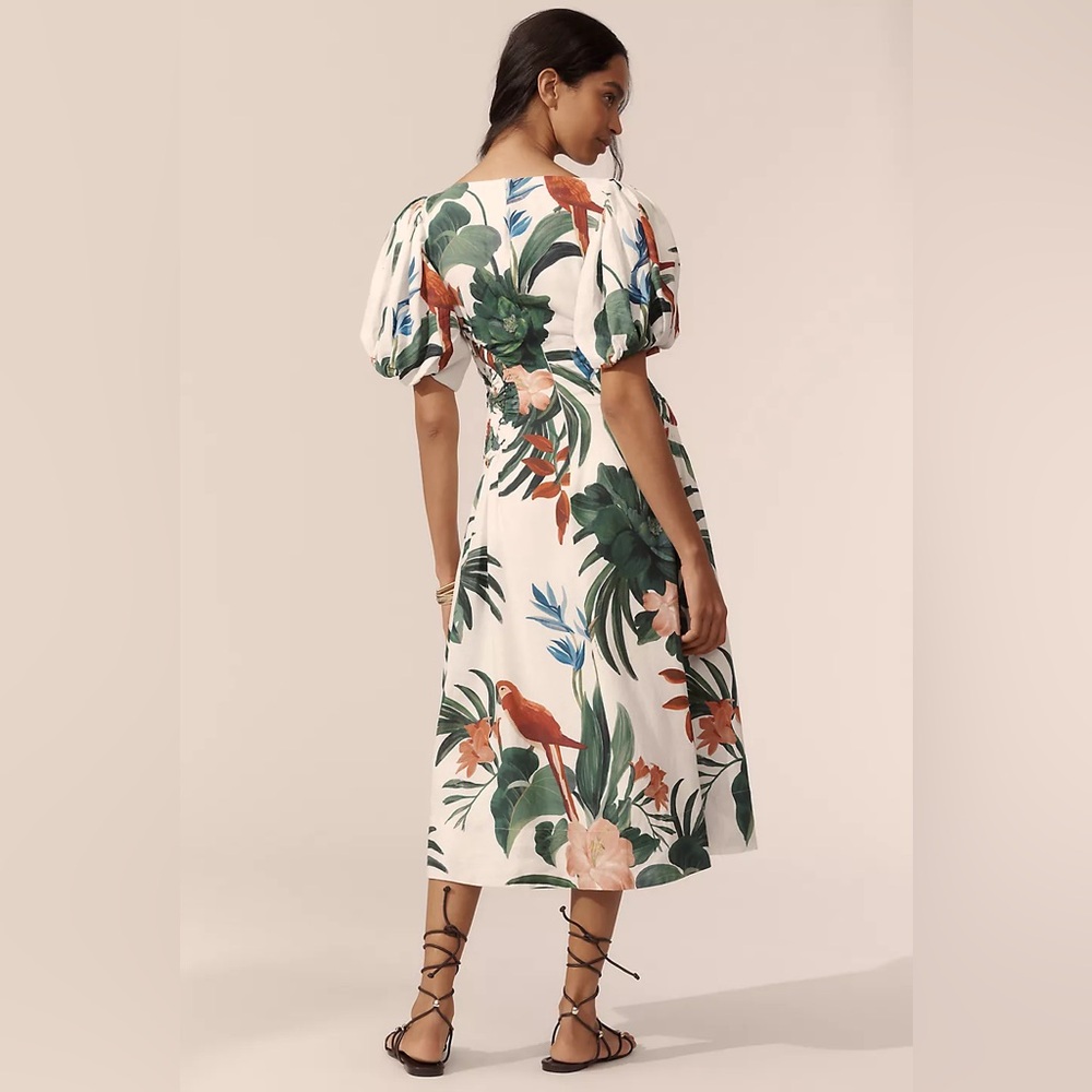 NWT Farm Rio Midnight Macaw Fiesta Linen Blend Puff-Sleeve Midi Dress Size M - Picture 2 of 12
